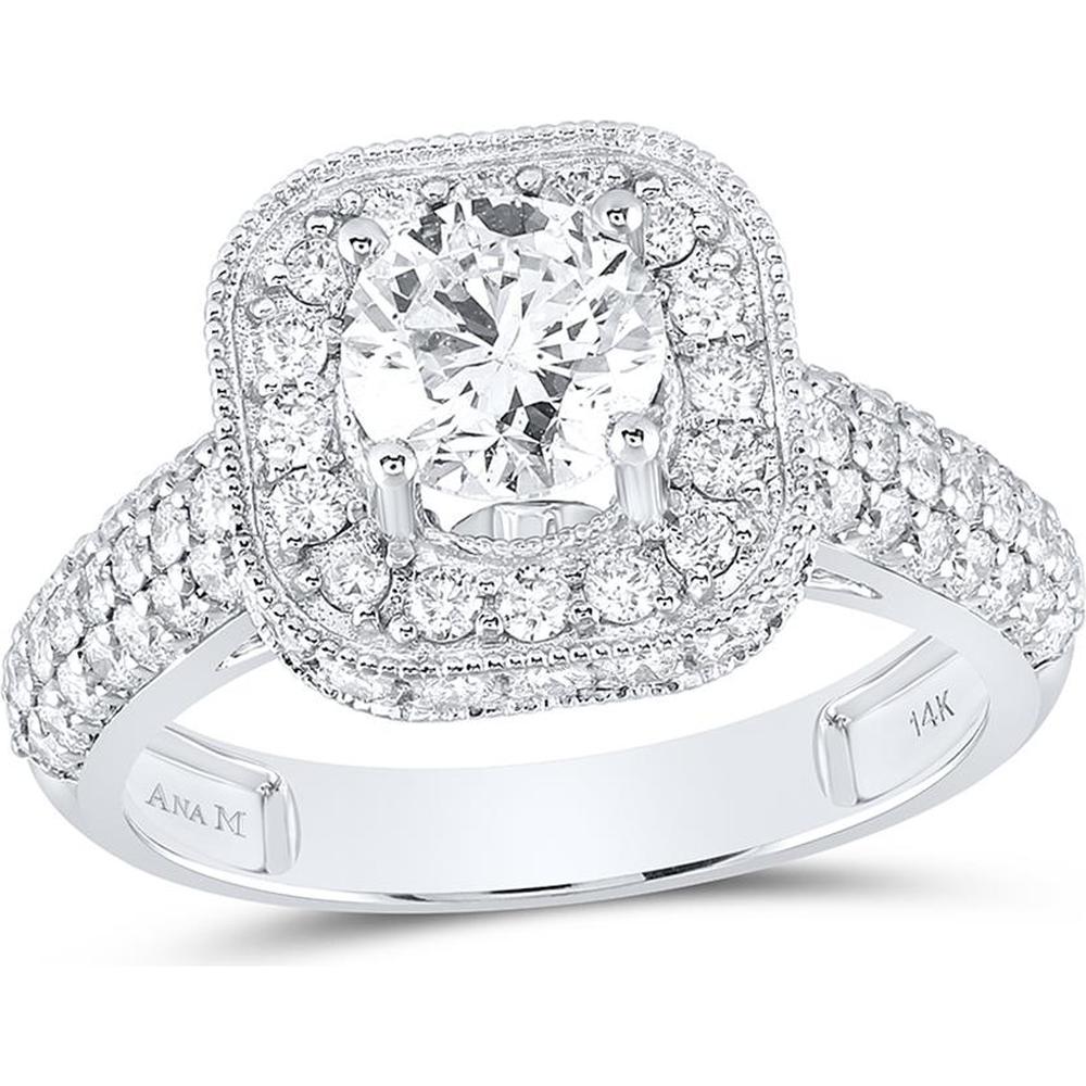 14K White Gold Round Diamond Halo Engagement Ring with 2.15 Carat Total Diamond Weight