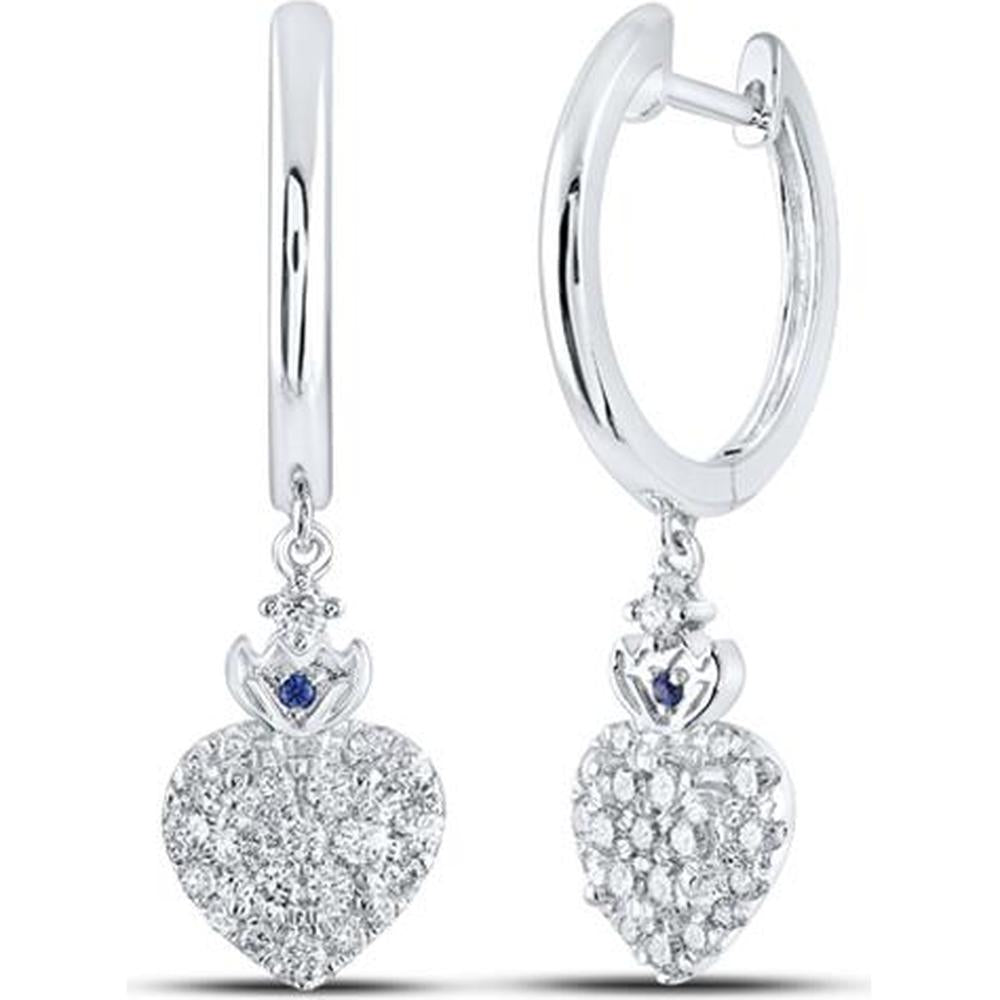 14K White Gold Round Diamond Heart Hoop Dangle Earrings with Blue Sapphire - 1/2 Carat Total Diamond Weight