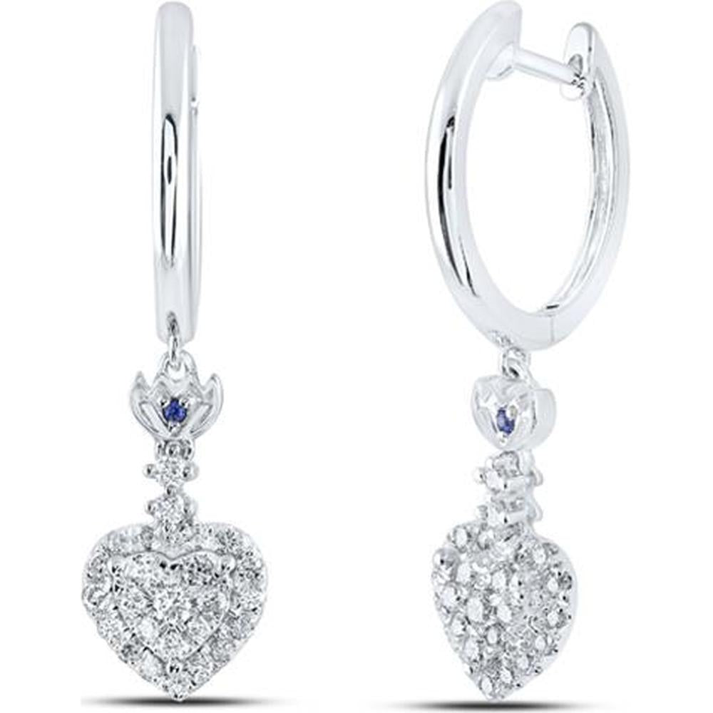 14K White Gold Round Diamond Heart Hoop Dangle Earrings with Blue Sapphire Accents - 1/2 Carat Total Diamond Weight