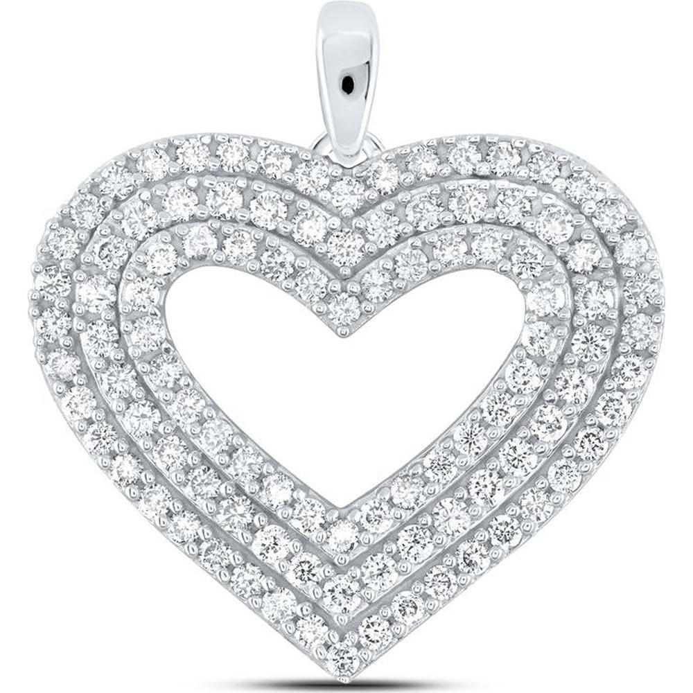 14K White Gold Round Diamond Heart Pendant - 1.01 Carat Total Diamond Weight