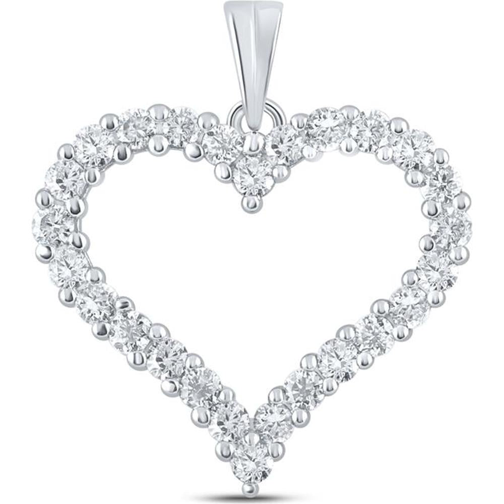 14K White Gold Round Diamond Heart Pendant - 1 Carat Total Diamond Weight
