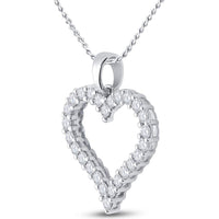 14K White Gold Round Diamond Heart Pendant - 1 Carat Total Diamond Weight