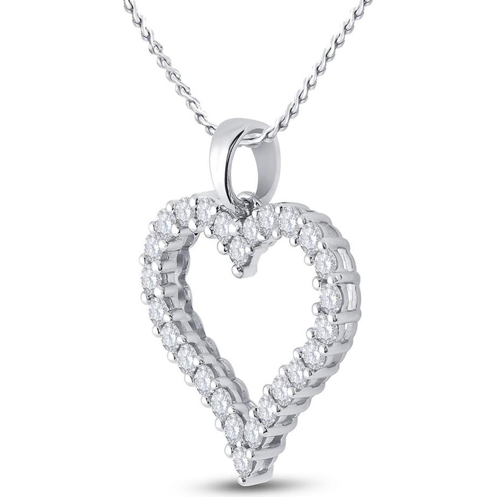 14K White Gold Round Diamond Heart Pendant - 1 Carat Total Diamond Weight