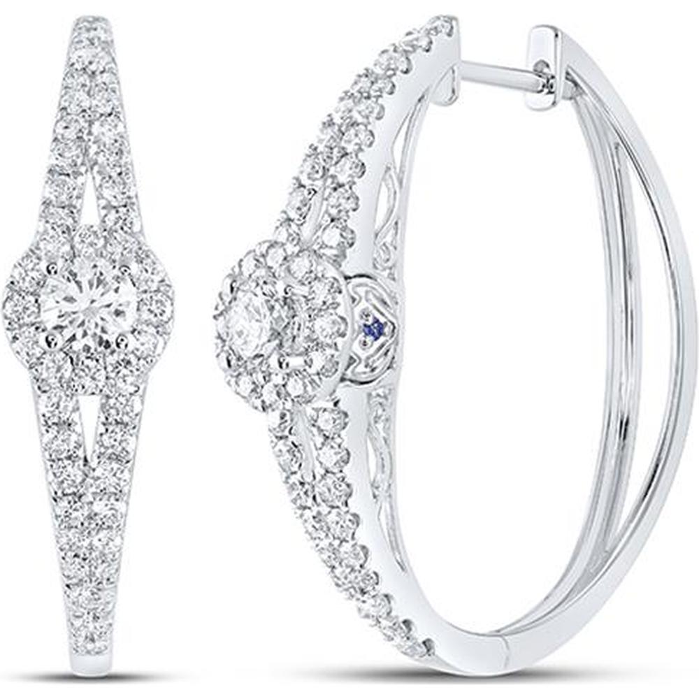 14K White Gold Round Diamond Hoop Earrings with Blue Sapphire Accent - 1.5 Carat Total Gemstone Weight