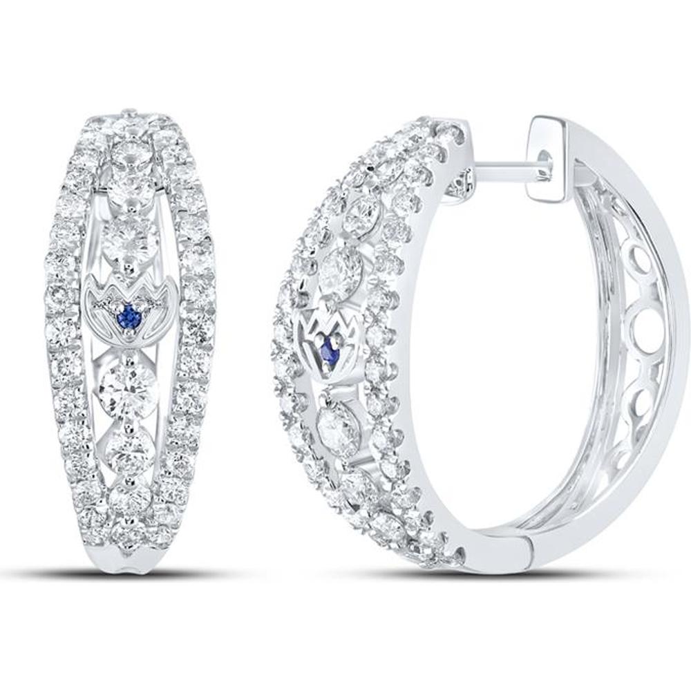 14K White Gold Round Diamond Hoop Earrings with Blue Sapphire Accents - 1.25 Carat Total Diamond Weight