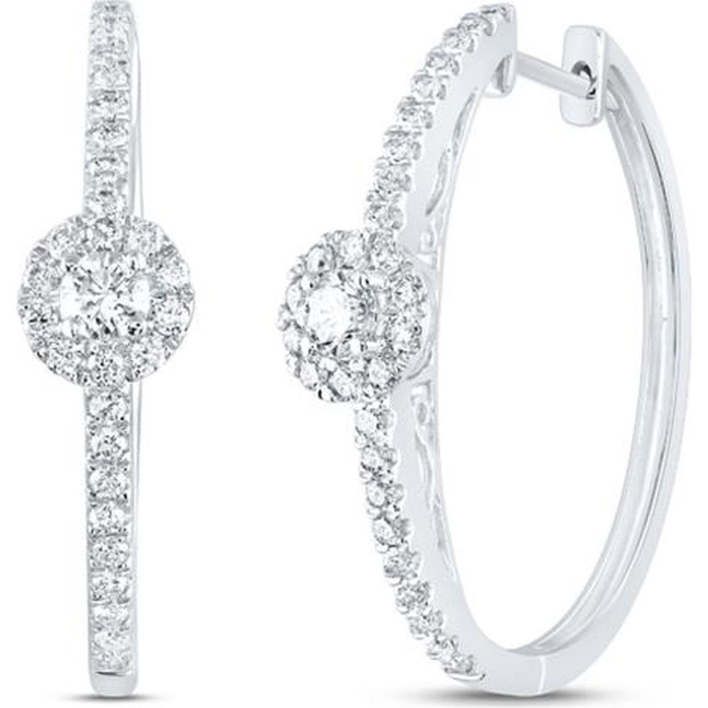 14K White Gold Round Diamond Hoop Earrings with Prong-Set Blue Sapphire - 1.02 Carat Total Diamond Weight