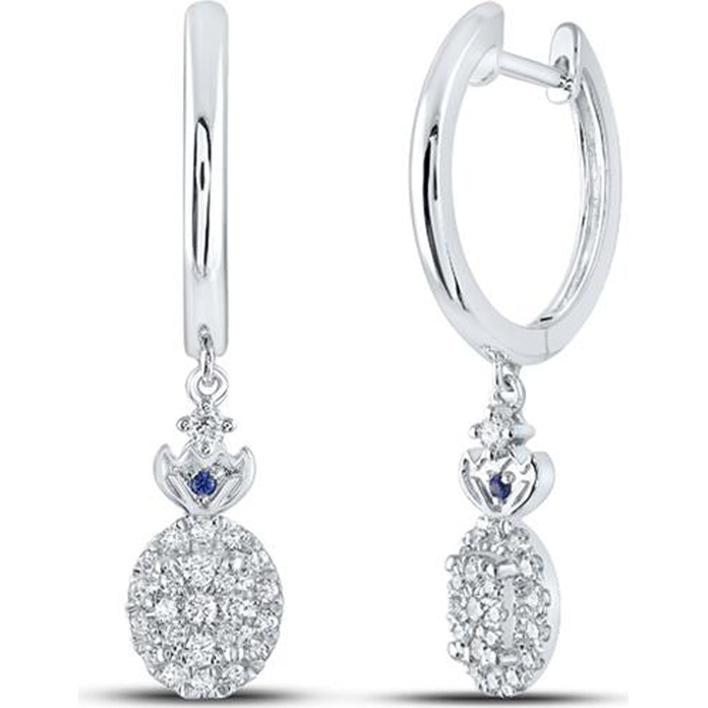 14K White Gold Round Diamond Hoop Oval Dangle Earrings with Natural Blue Sapphires - 1/3 Carat Total Diamond Weight