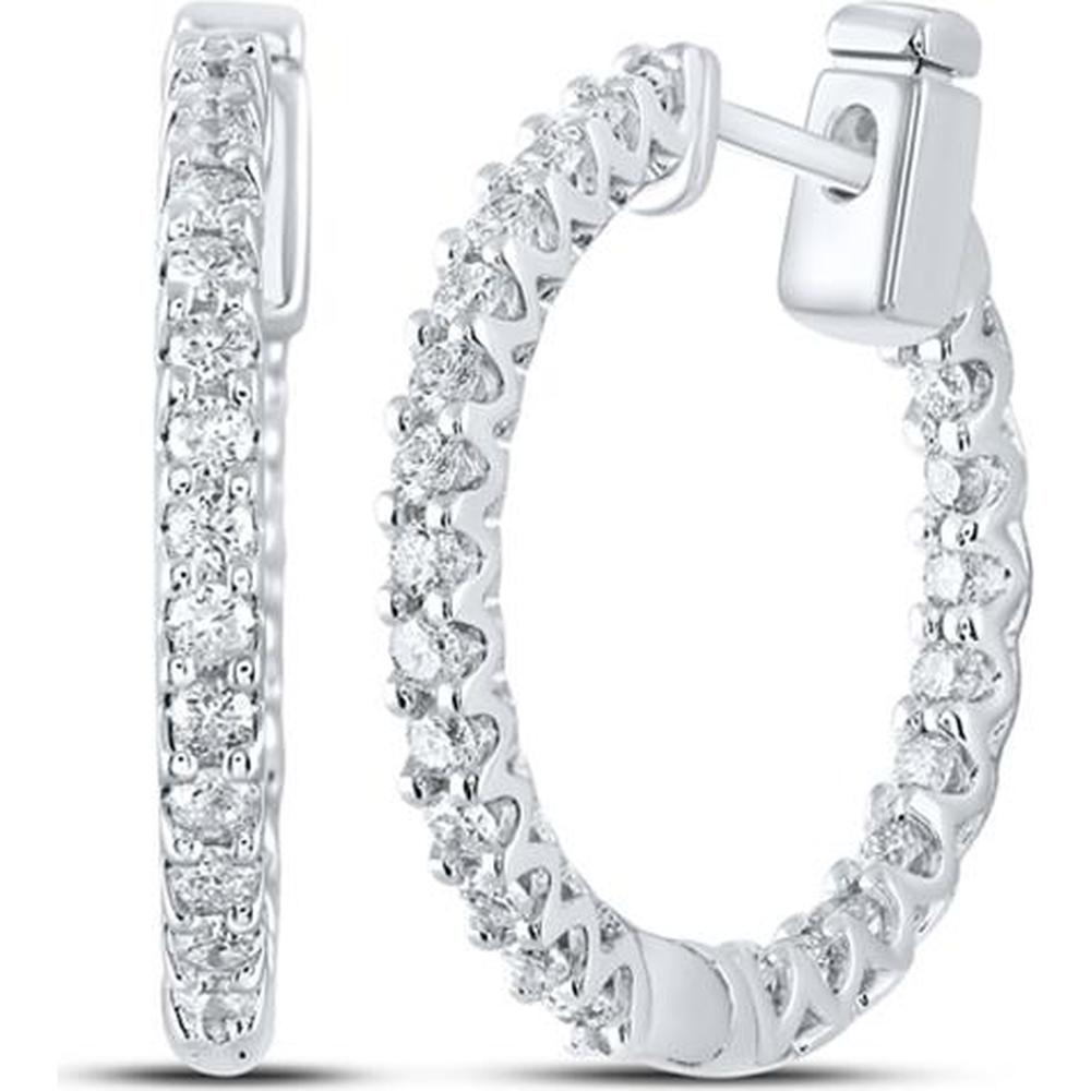14K White Gold Round Diamond Inside Outside Hoop Earrings - 0.73 Carat Total Diamond Weight