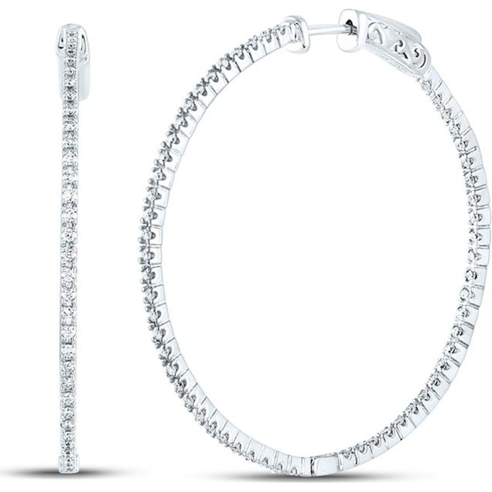 14K White Gold Round Diamond Inside-Outside Hoop Earrings - 7/8 Carat Total Diamond Weight