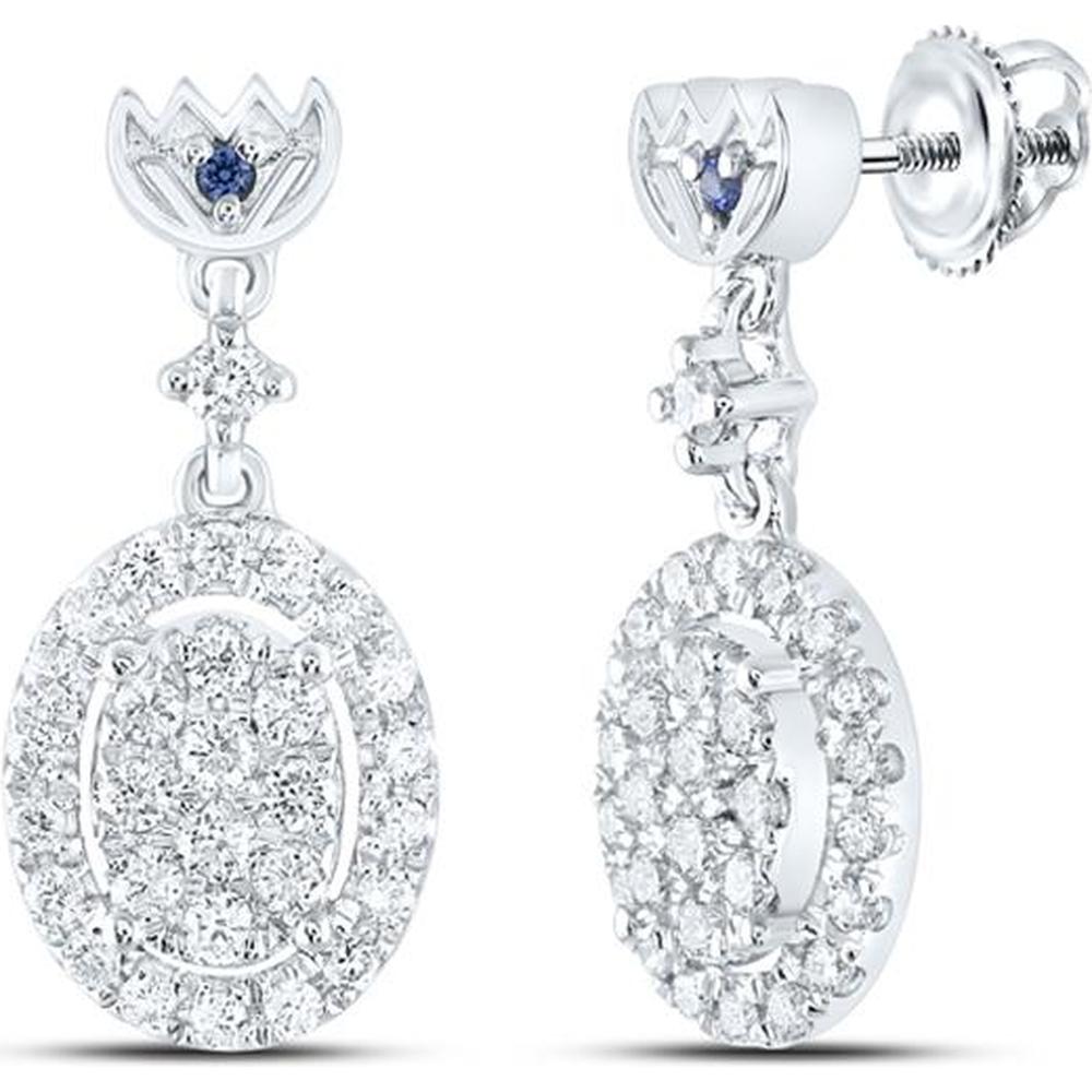 14K White Gold Round Diamond Oval Dangle Earrings with Natural Blue Sapphire - 1/2 Carat Total Diamond Weight
