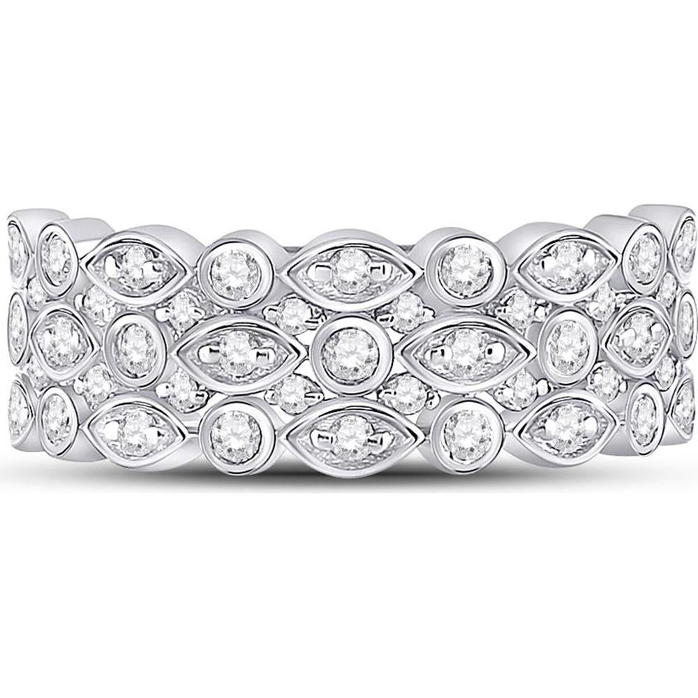 14K White Gold Round Diamond Oval Dot 3-Row Fashion Ring - 3/4 Carat Total Diamond Weight