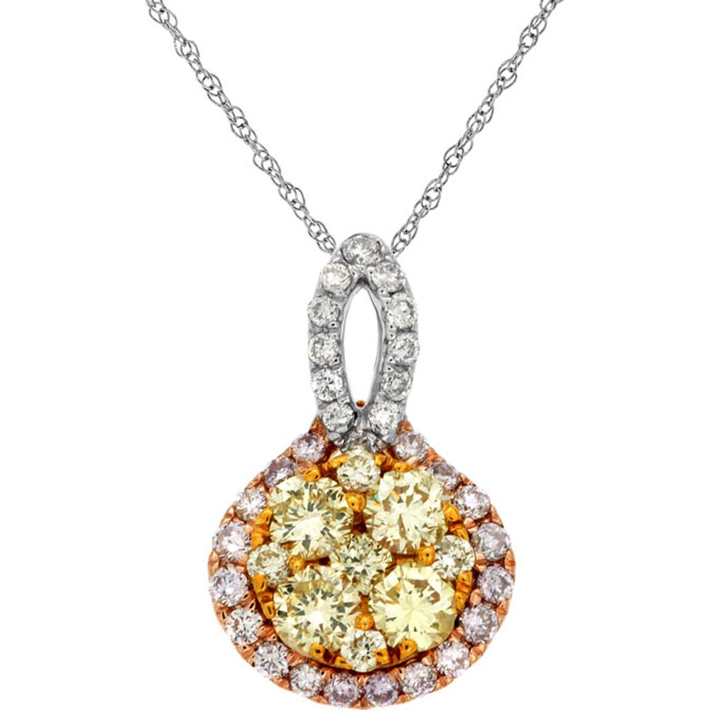 14K White Gold Round Diamond Pendant with Yellow Diamond Cluster, Pink Diamond Accents and White Diamond Halo - 0.83 Carat Total Diamond Weight - Royal Jewelry