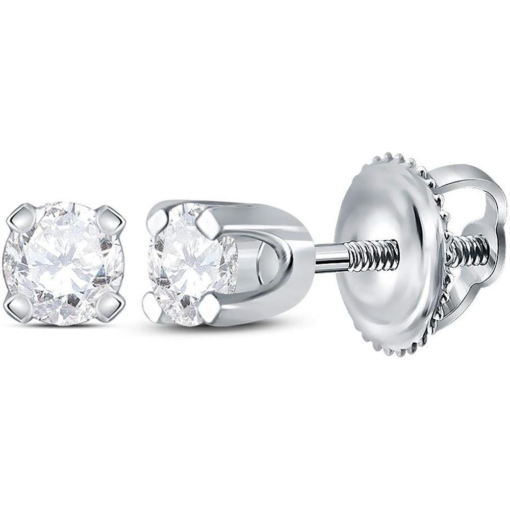 14K White Gold Round Diamond Prong-Set Solitaire Stud Earrings with Screw Backs - 1/6 Carat Total Diamond Weight