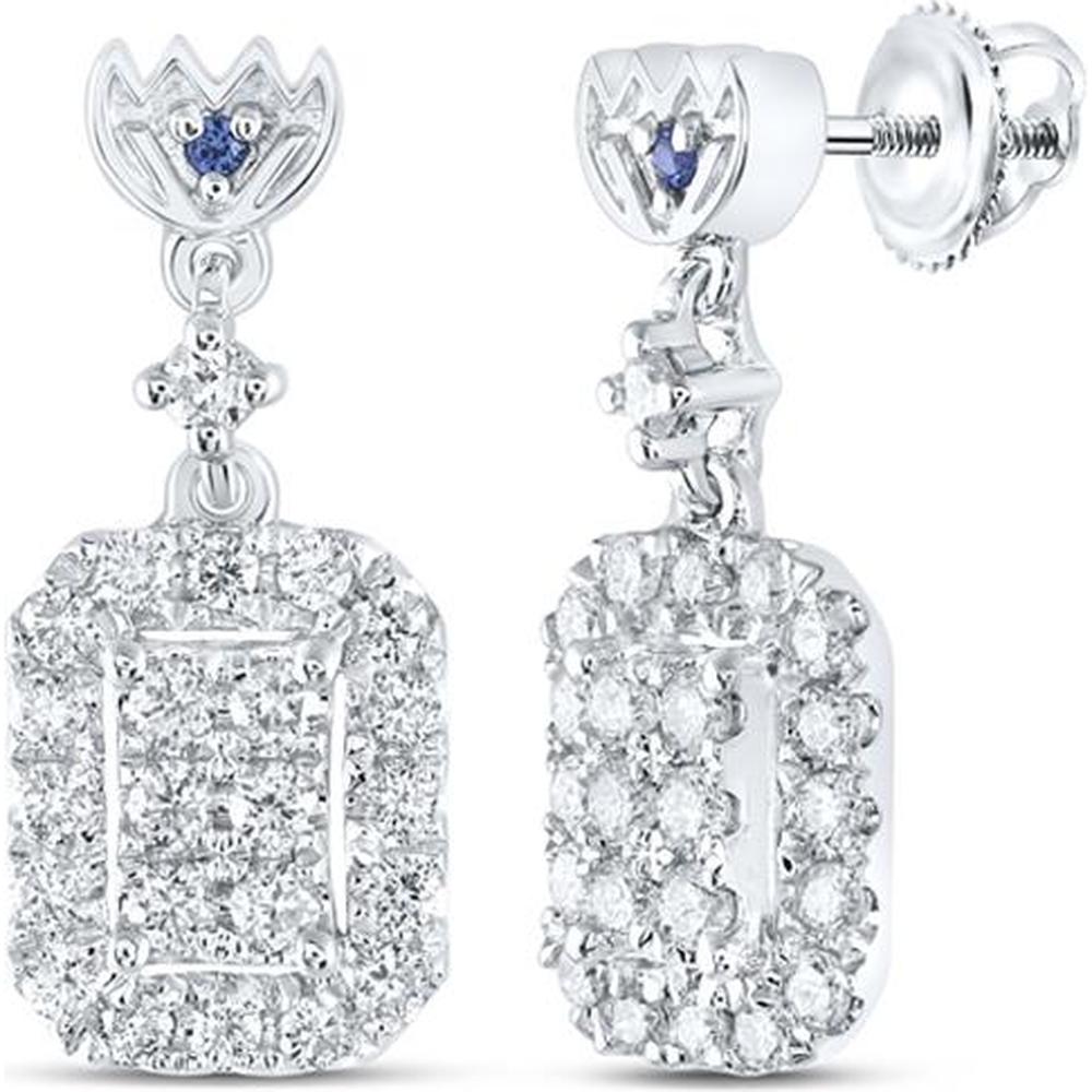 14K White Gold Round Diamond Rectangle Dangle Earrings with Natural Blue Sapphires - 1/2 Carat Total Diamond Weight