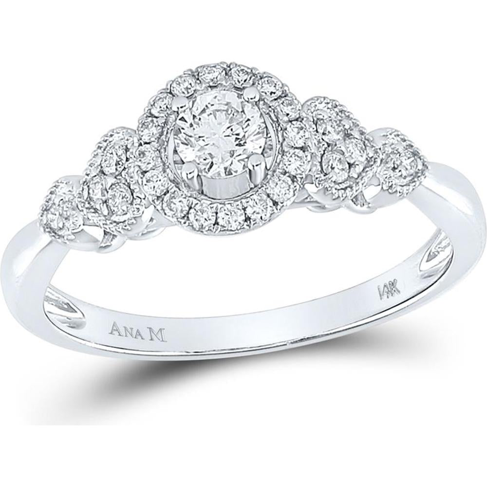 14K White Gold Round Diamond Solitaire Engagement Ring with Pave-Set Accents - 1/2 Carat Total Diamond Weight
