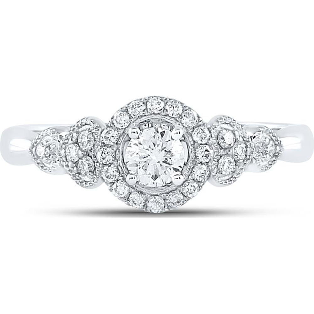 14K White Gold Round Diamond Solitaire Engagement Ring with Pave-Set Accents - 1/2 Carat Total Diamond Weight