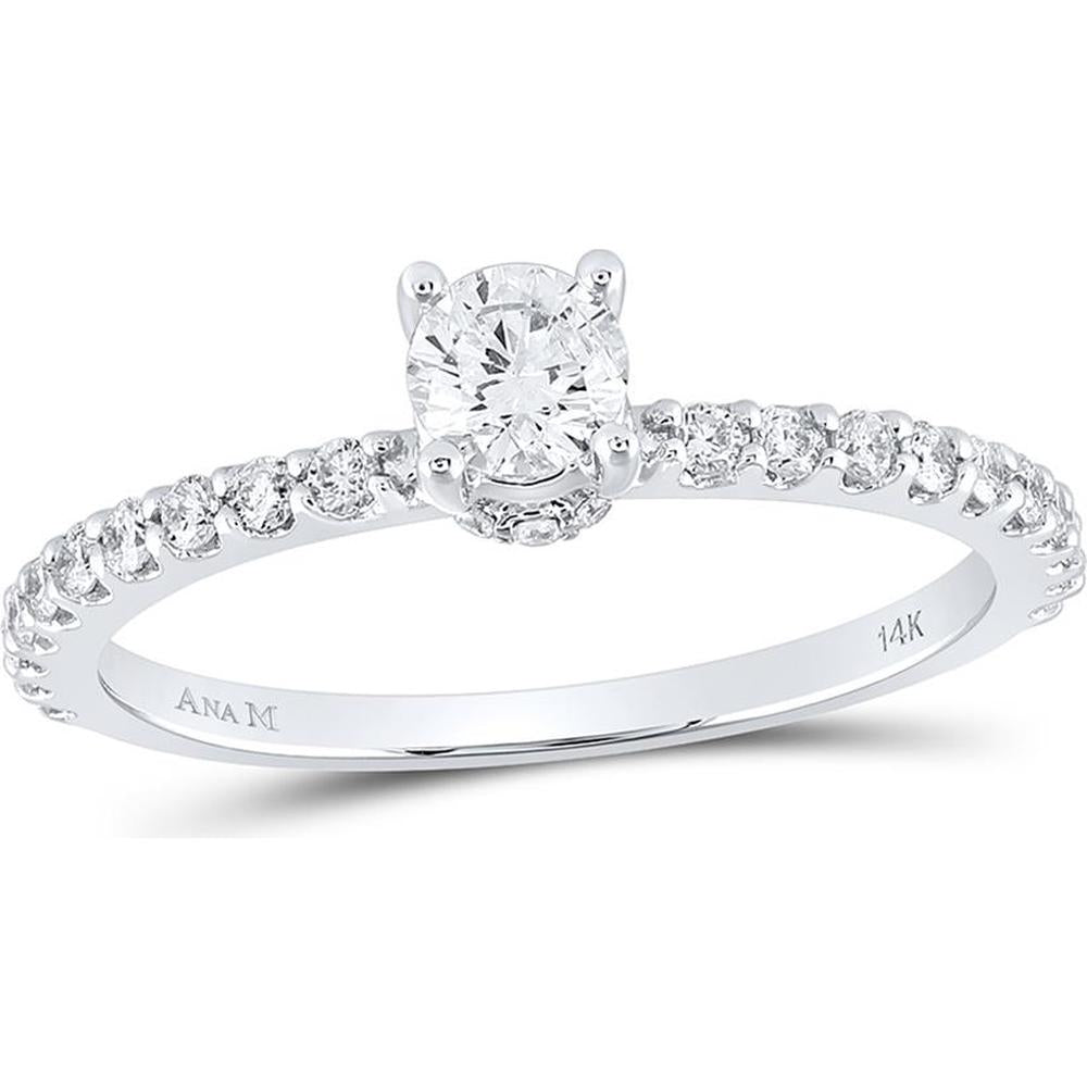 14K White Gold Round Diamond Solitaire Engagement Ring with Round Accent Diamonds - 5/8 Carat Total Diamond Weight
