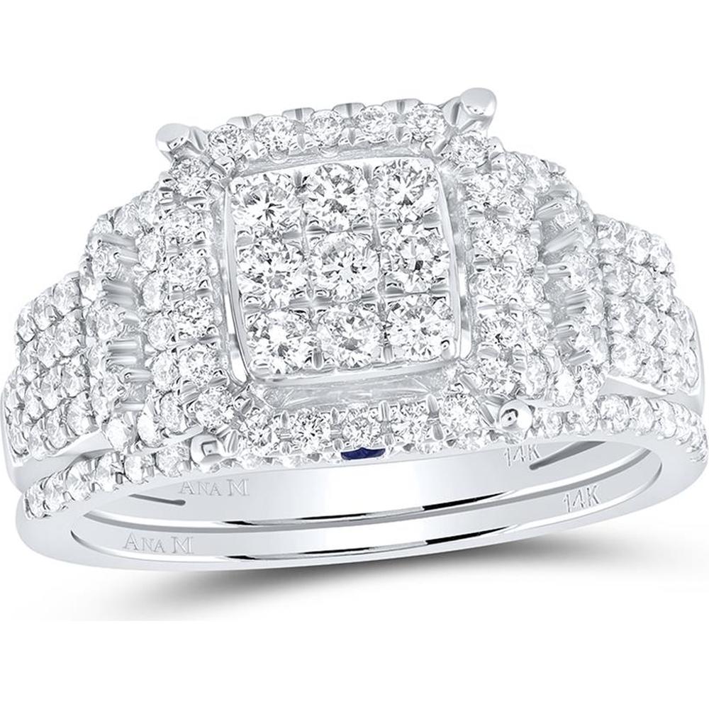 14K White Gold Round Diamond Square Bridal Wedding Ring Set with Blue Sapphire - 1.00 Carat Total Diamond Weight