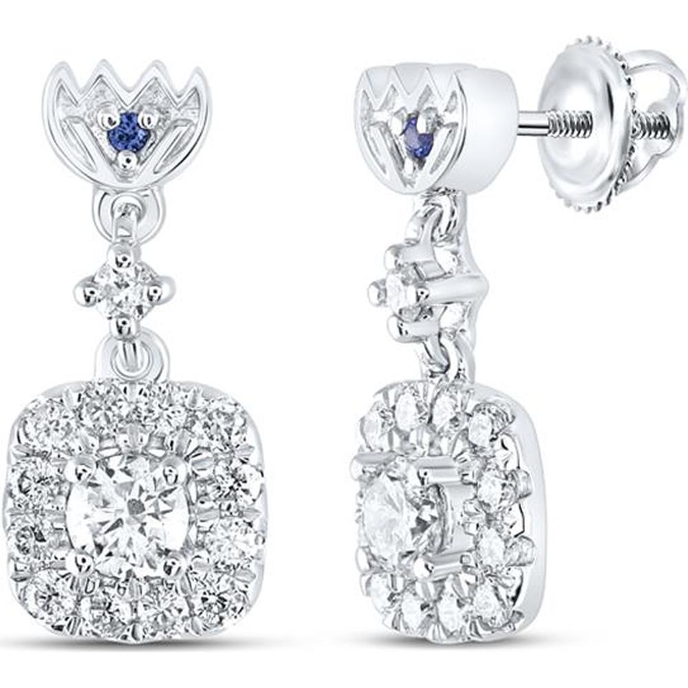 14K White Gold Round Diamond Square Dangle Earrings with Blue Sapphire - 1/2 Carat Total Diamond Weight