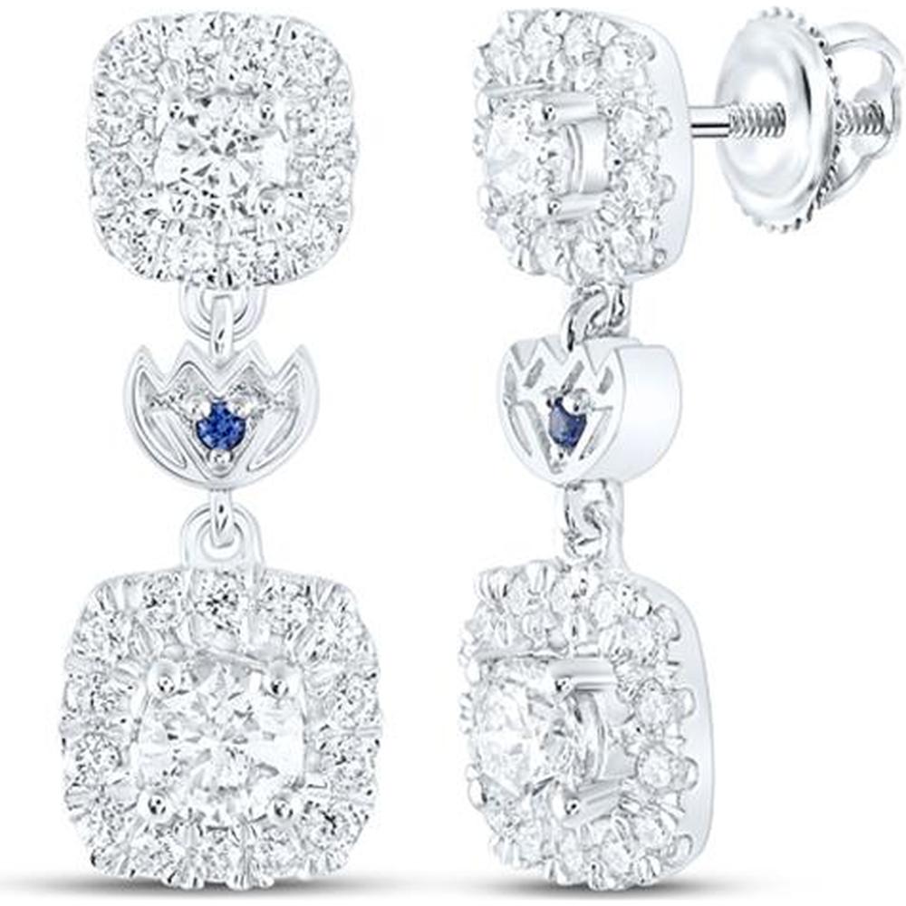 14K White Gold Round Diamond Square Dangle Earrings with Blue Sapphire - 1 Carat Total Diamond Weight
