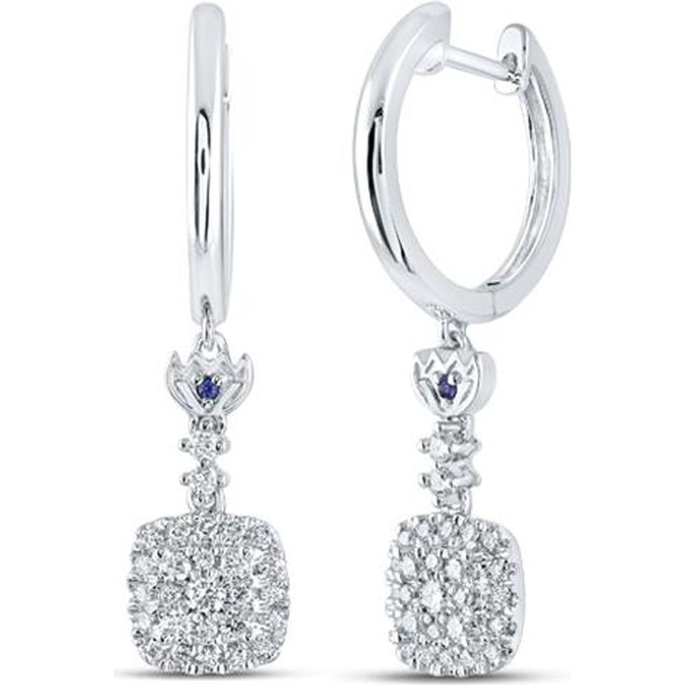 14K White Gold Round Diamond Square Hoop Dangle Earrings with Blue Sapphire - 0.52 Carat Total Diamond Weight
