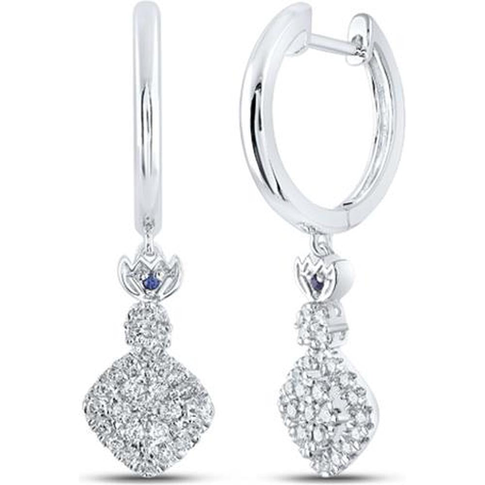 14K White Gold Round Diamond Square Hoop Dangle Earrings with Blue Sapphire - 1/2 Carat Total Diamond Weight