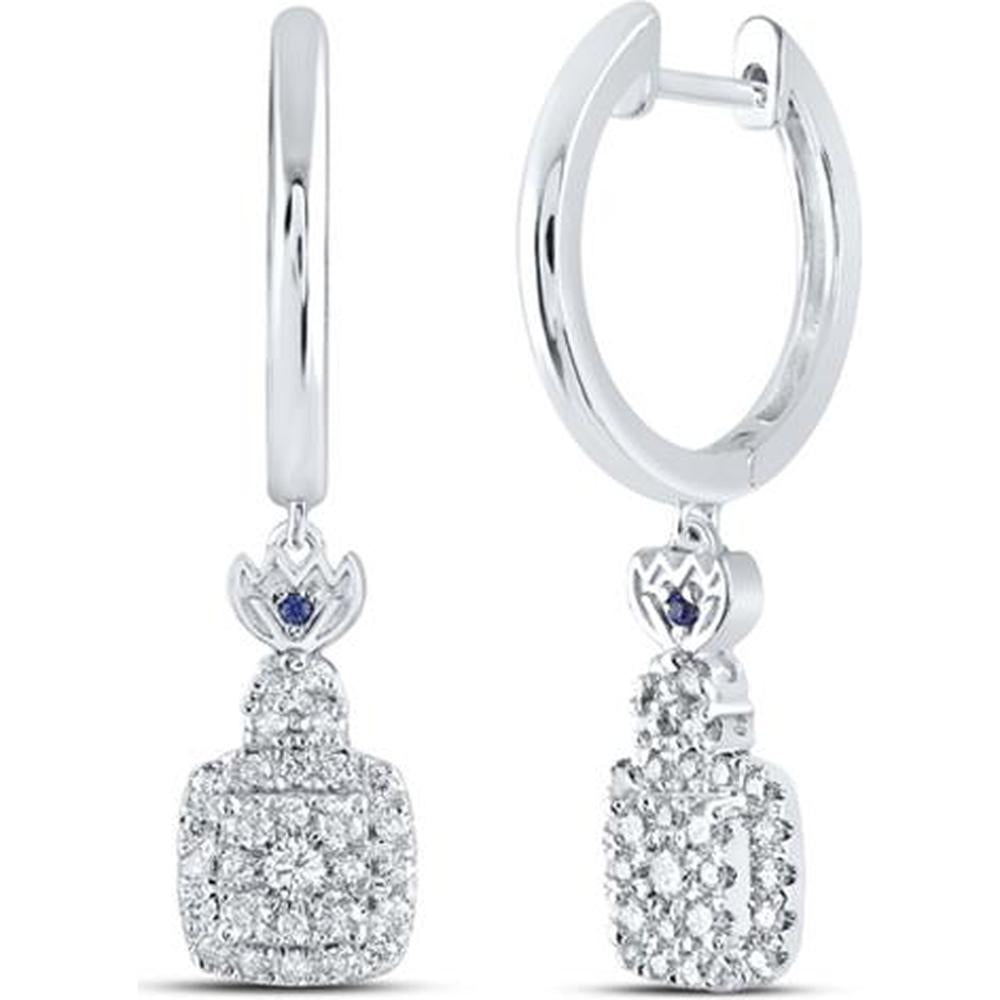 14K White Gold Round Diamond Square Hoop Dangle Earrings with Blue Sapphire - 1/2 Carat Total Diamond Weight