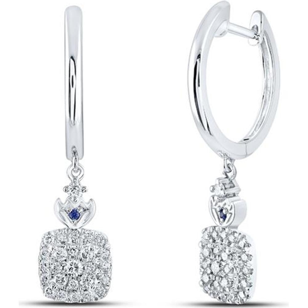 14K White Gold Round Diamond Square Hoop Dangle Earrings with Blue Sapphire - 1/2 Carat Total Diamond Weight