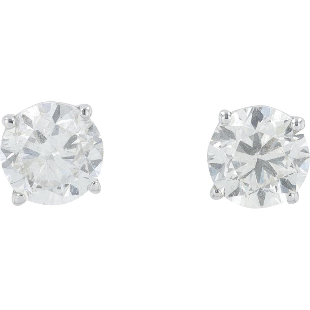 14K White Gold Round Diamond Stud Earrings - 2.00 Carat Total Diamond Weight