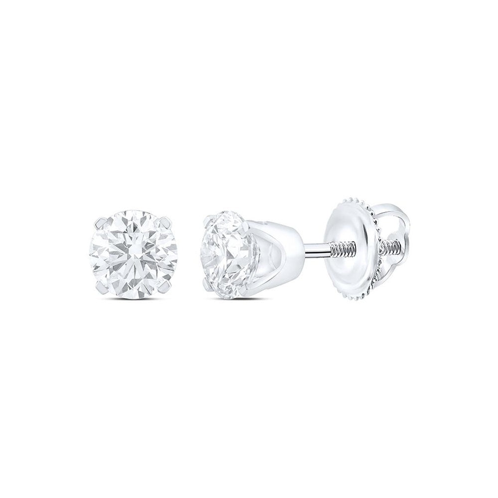 14K White Gold Round Diamond Stud Earrings - 7/8 Carat Total Diamond Weight