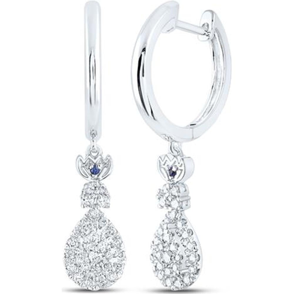 14K White Gold Round Diamond Teardrop Hoop Dangle Earrings with Natural Blue Sapphire - 0.46 Carat Total Diamond Weight