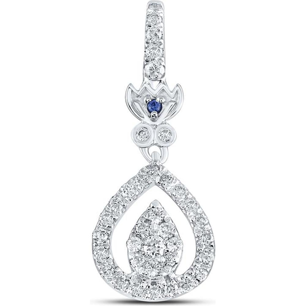 14K White Gold Round Diamond Teardrop Pendant with Blue Sapphire - 0.25 Carat Total Diamond Weight