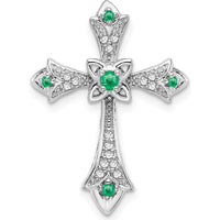 14K White Gold Round Emerald and Diamond Fleur de Lis Cross Chain Slide - 0.048 Carat Total Emerald Weight, 0.005 Carat Total Diamond Weight by Lumare Gioia