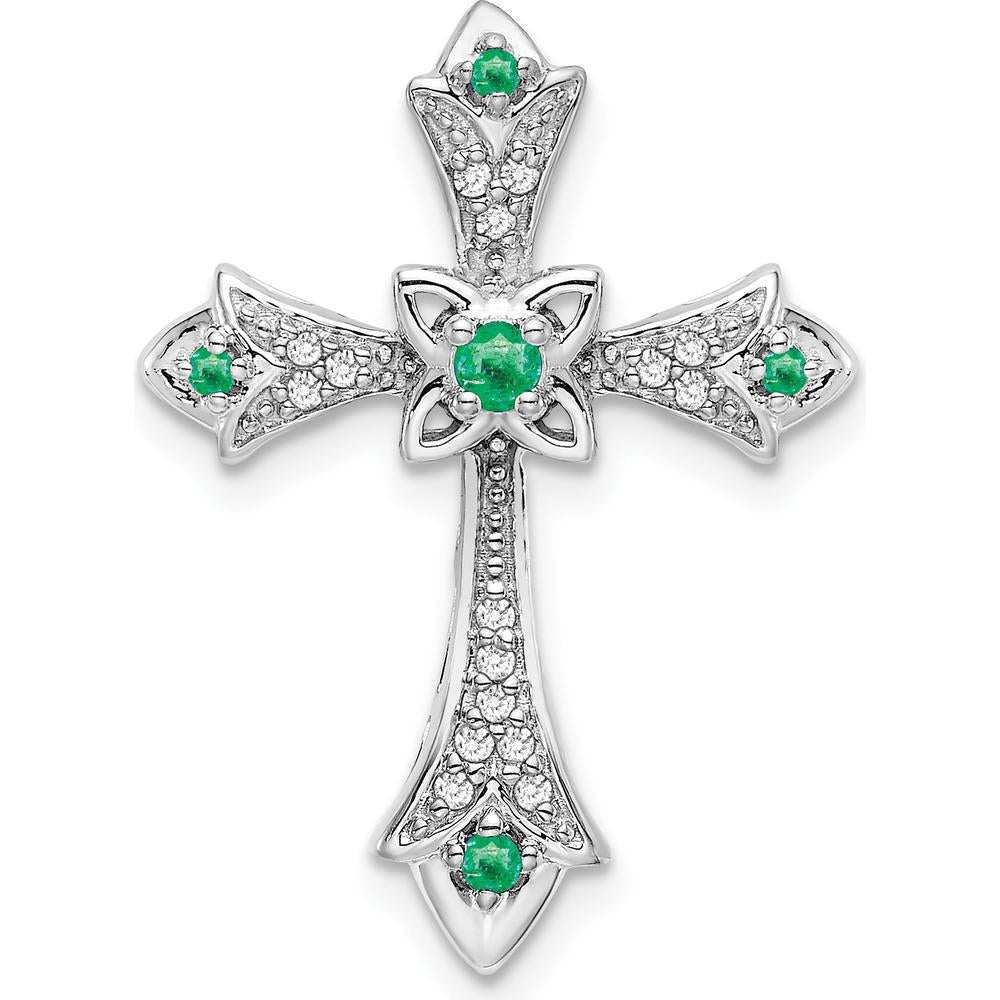 14K White Gold Round Emerald and Diamond Fleur de Lis Cross Chain Slide - 0.048 Carat Total Emerald Weight, 0.005 Carat Total Diamond Weight by Lumare Gioia