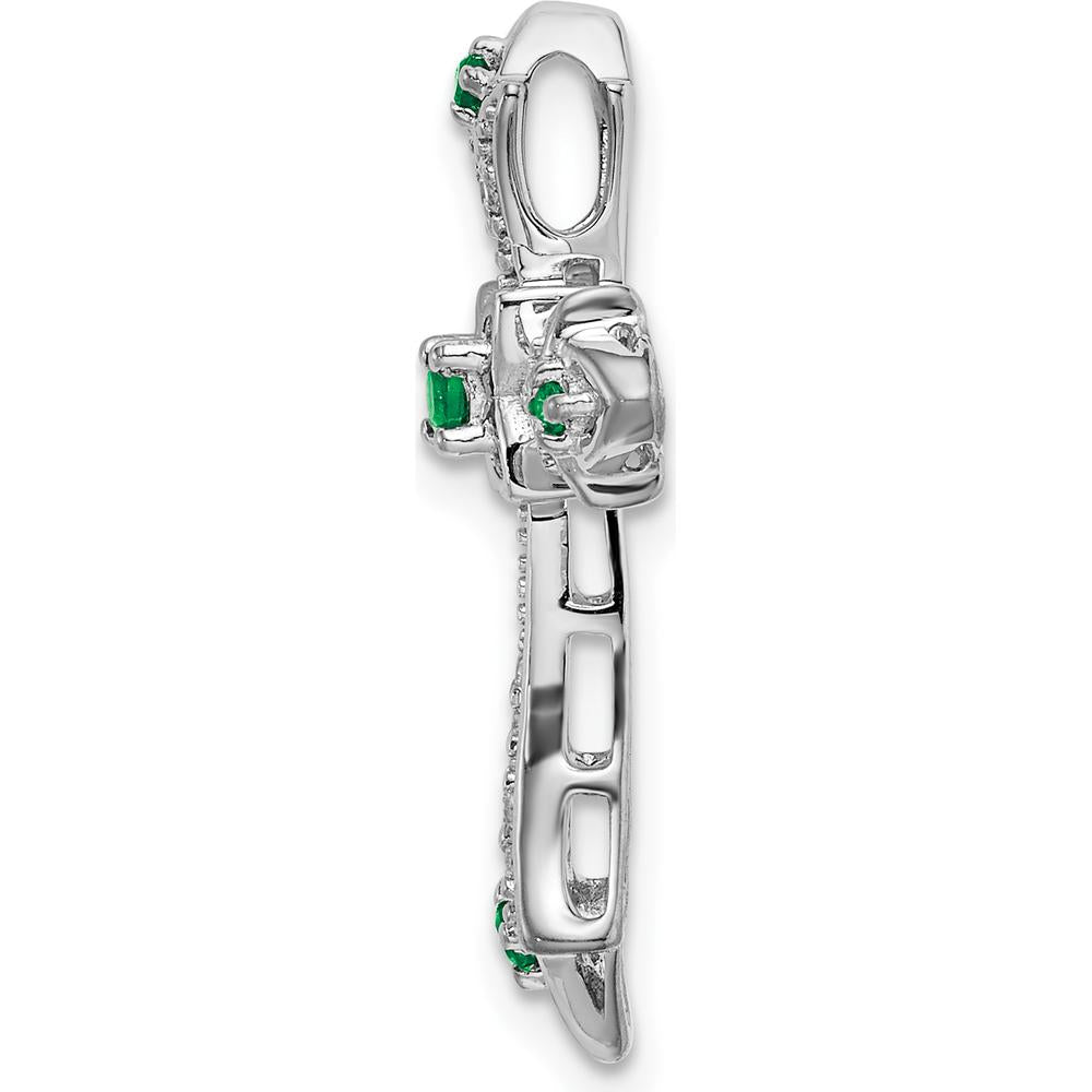 14K White Gold Round Emerald and Diamond Fleur de Lis Cross Chain Slide - 0.048 Carat Total Emerald Weight, 0.005 Carat Total Diamond Weight by Lumare Gioia
