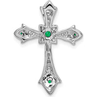 14K White Gold Round Emerald and Diamond Fleur de Lis Cross Chain Slide - 0.048 Carat Total Emerald Weight, 0.005 Carat Total Diamond Weight by Lumare Gioia