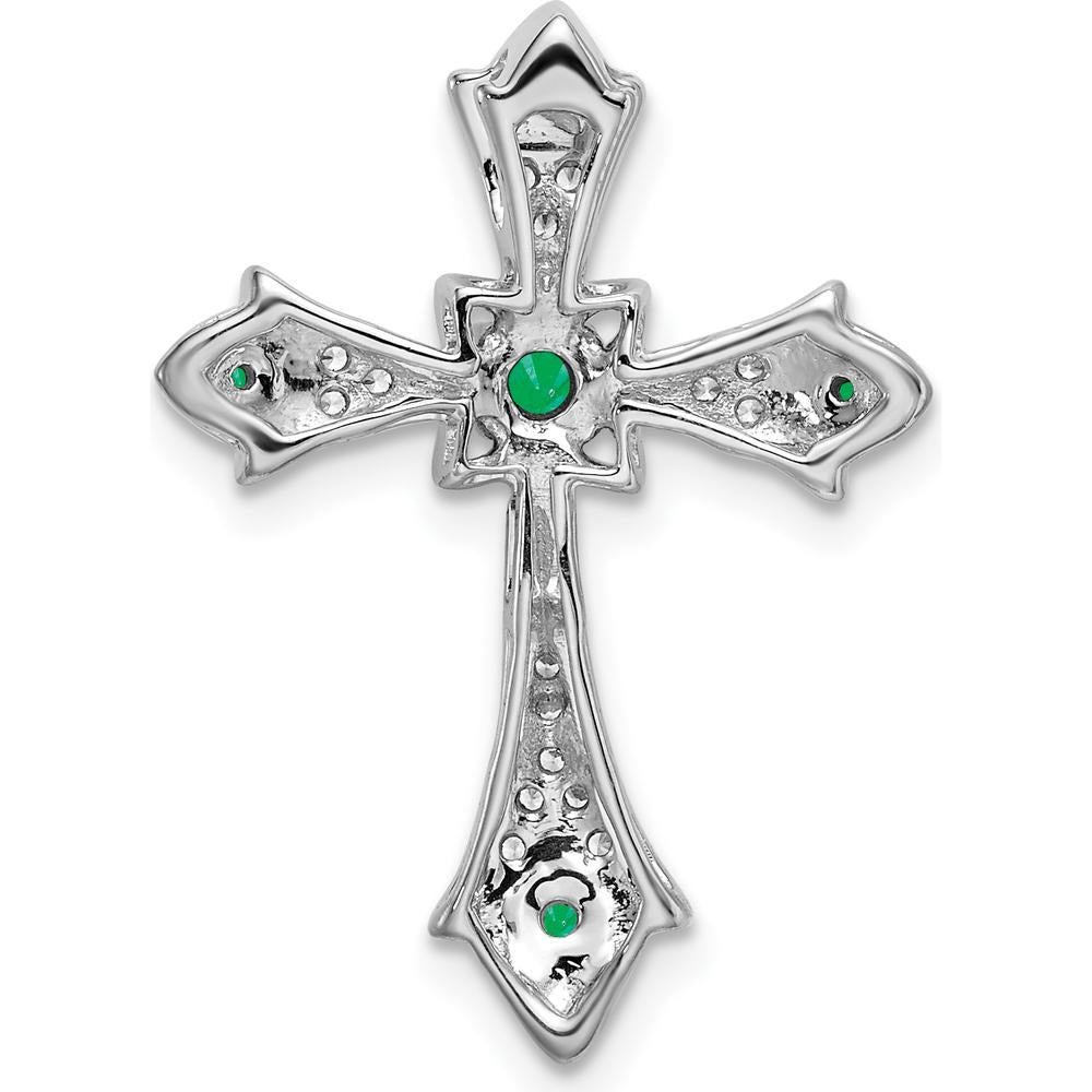 14K White Gold Round Emerald and Diamond Fleur de Lis Cross Chain Slide - 0.048 Carat Total Emerald Weight, 0.005 Carat Total Diamond Weight by Lumare Gioia