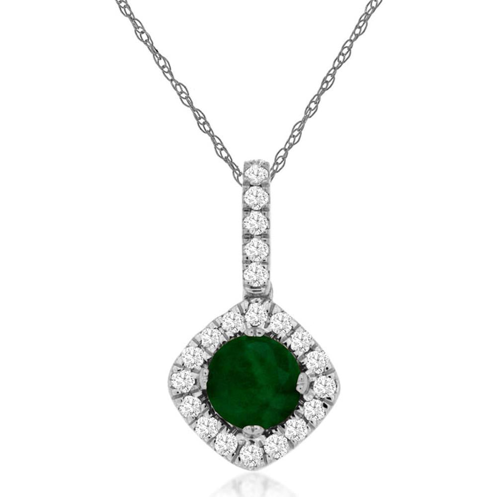 14K White Gold Round Emerald and Diamond Halo Pendant Necklace with Diamond-Studded Bail - 0.45 Carat Emerald and 0.16 Carat Diamond Total Weight - Royal Jewelry