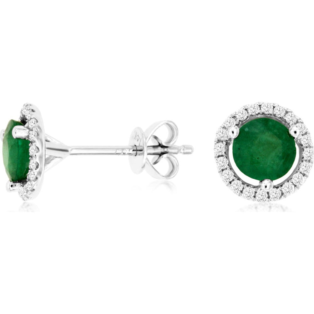 14K White Gold Round Emerald and Diamond Halo Stud Earrings - 1.20 Carat Total Emerald Weight and 0.16 Carat Total Diamond Weight - Royal Jewelry
