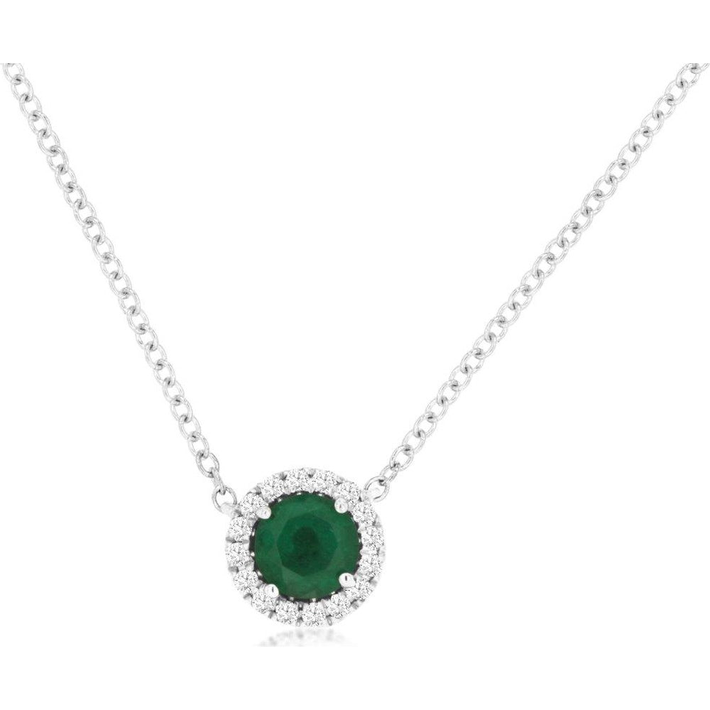 14K White Gold Round Emerald Halo Pendant Necklace with Diamond Accents - 0.45 Carat Emerald and 0.10 Carat Total Diamond Weight - Royal Jewelry