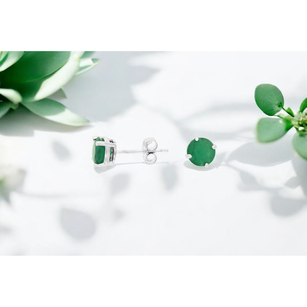 14K White Gold Round Emerald Stud Earrings with Secure Butterfly Backs - 1.55 Carat Total Emerald Weight - Royal Jewelry