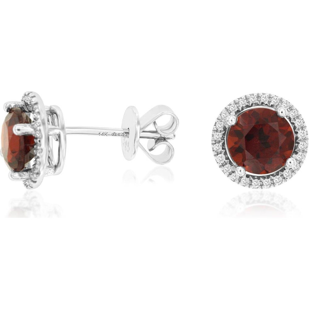 14K White Gold Round Garnet Stud Earrings with Diamond Halo - 2.80 Carat Total Garnet Weight and 0.15 Carat Total Diamond Weight - Royal Jewelry