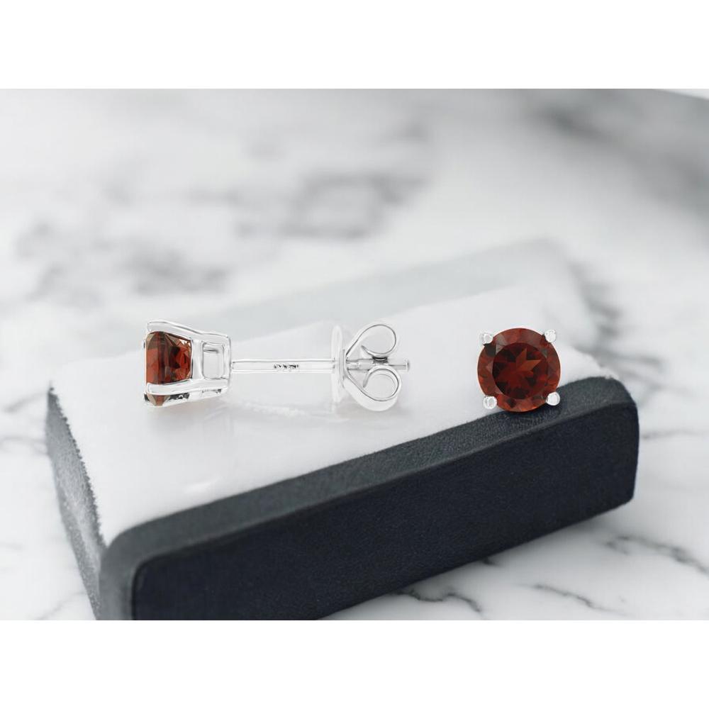 14K White Gold Round Garnet Stud Earrings with Four-Prong Setting - 1.00 Total Carat Weight - Royal Jewelry
