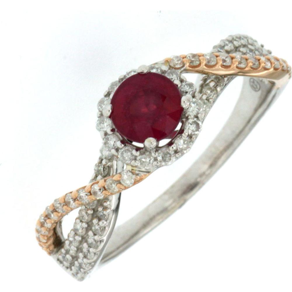 14K White Gold Round Glass Filled Ruby and Diamond Halo Ring with Split Shank Design - 0.70 Carat Ruby and 0.46 Carat Total Diamond Weight - Royal Jewelry