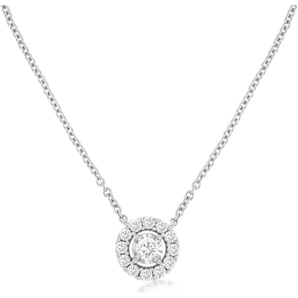 14K White Gold Round Halo Diamond Pendant Necklace - 0.40 Carat Total Diamond Weight - Royal Jewelry