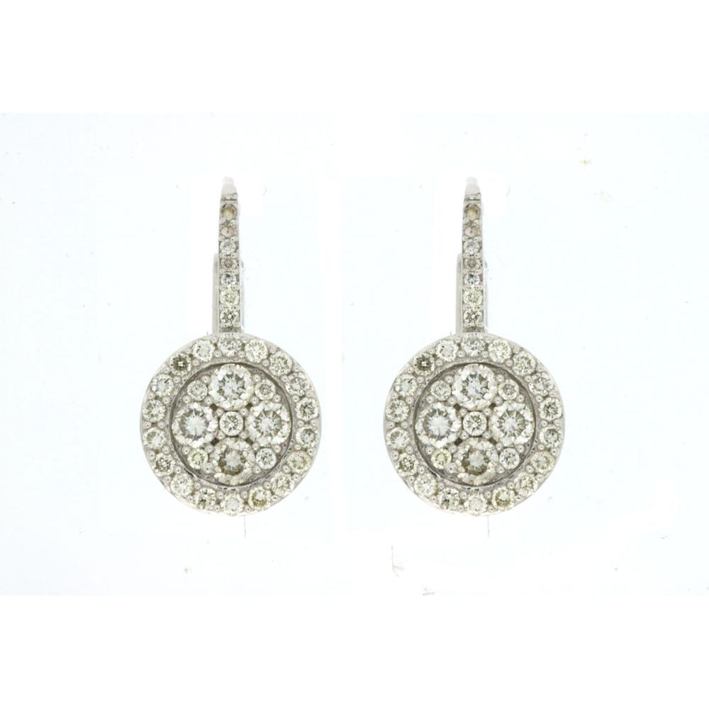 14K White Gold Round Halo Drop Earrings with Diamonds - 1.00 Carat Total Diamond Weight - Royal Jewelry