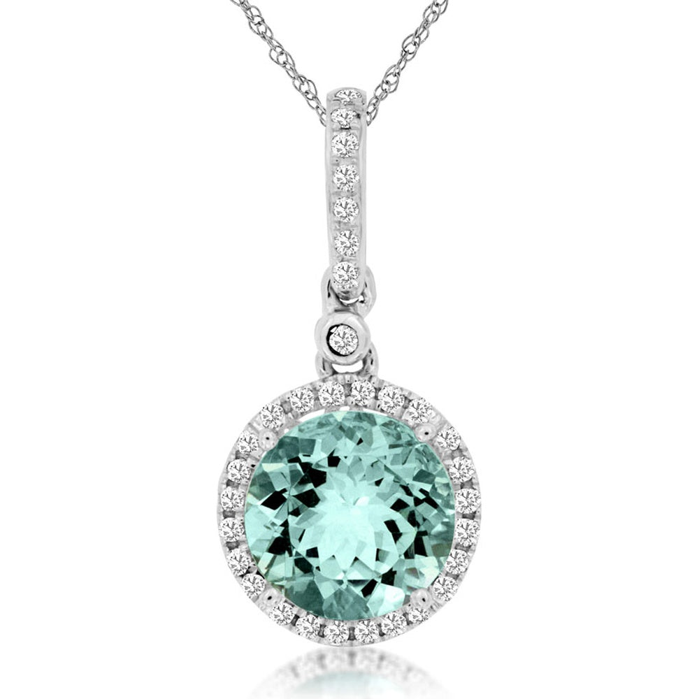 14K White Gold Round Halo Pendant Necklace with 1.75 Carat Aquamarine and 0.12 Carat Diamonds - Royal Jewelry