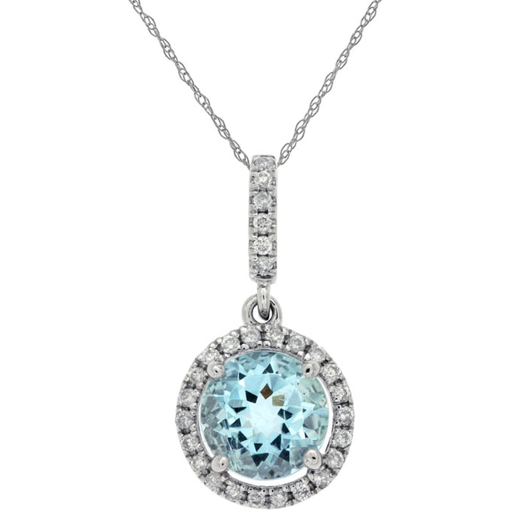 14K White Gold Round Halo Pendant with 0.75 Carat Aquamarine and 0.11 Carat Diamond Accents - Serene Ocean Blue Necklace - Royal Jewelry