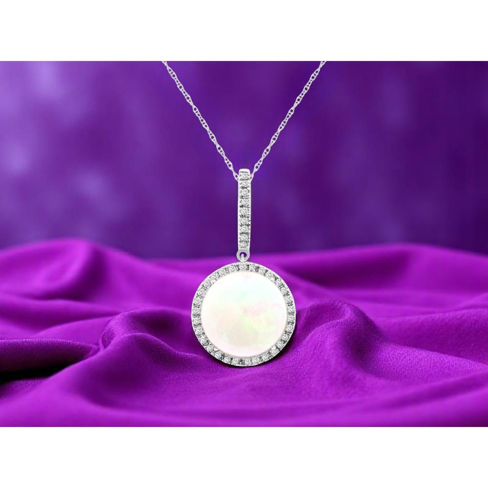 14K White Gold Round Halo Pendant with 6.75 Carat Opal and 0.41 Carat Diamonds - Royal Jewelry