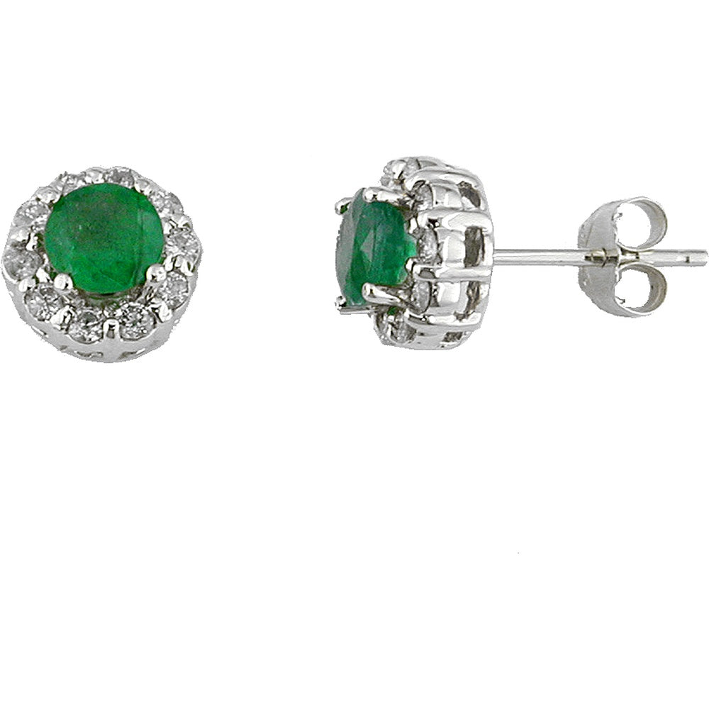 14K White Gold Round Halo Stud Earrings with 0.95 Carat Total Emerald and 0.40 Carat Total Diamonds - Princess Diana Inspired Style - Royal Jewelry